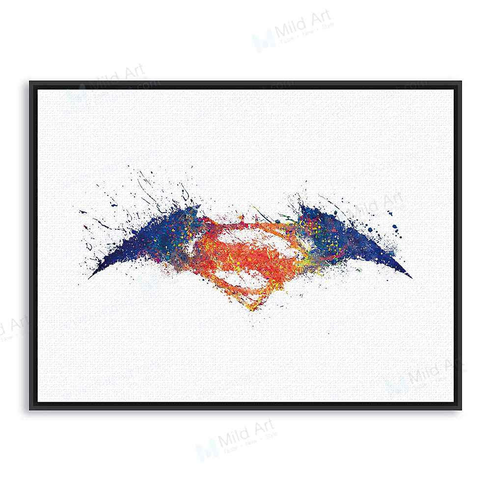 Watercolor Batman Vs Superman Logo Framed Canvas Mild Art Taste Style