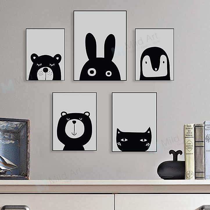 Black White Kawaii Animal Kids Framed Canvas Painting Rectangle